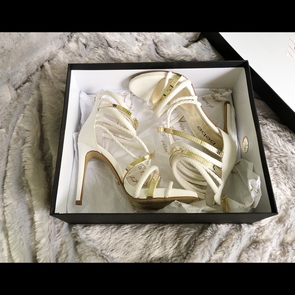 white and gold strappy heels